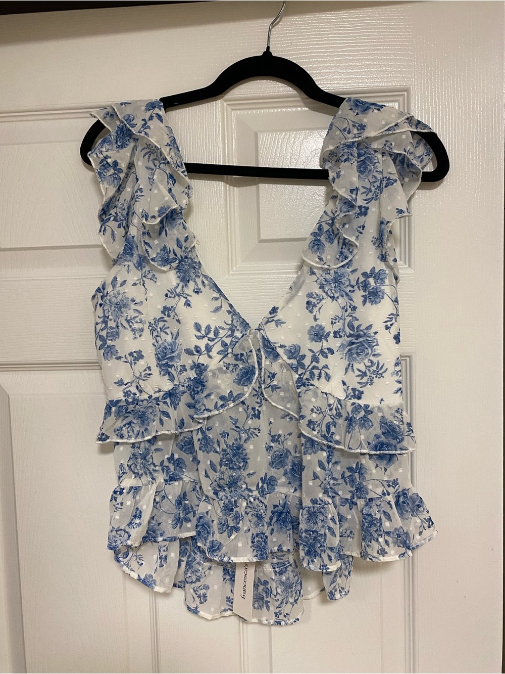 Trixxi White and Blue Floral Ruffle V-Neck Blouse